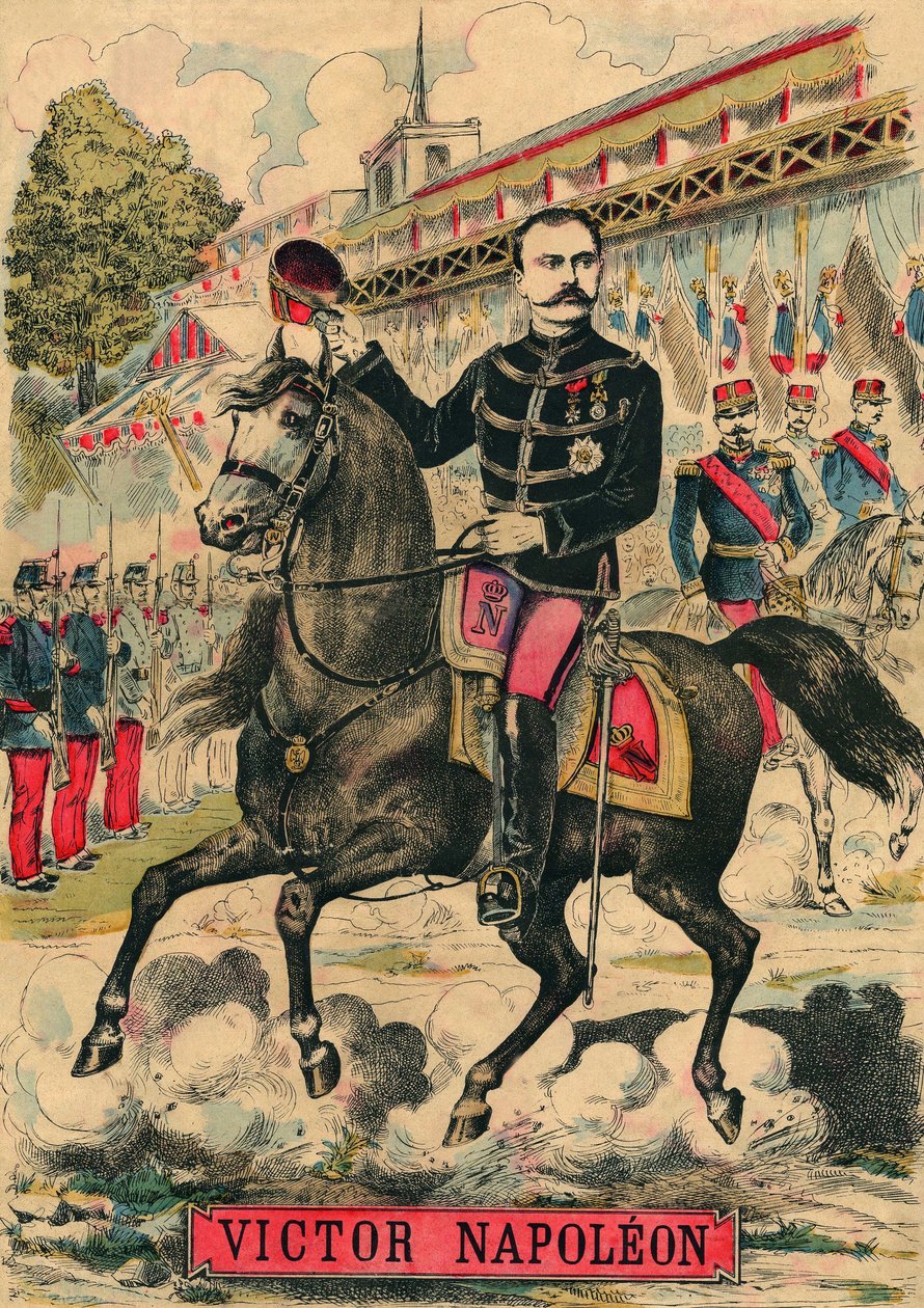 Victor Napoleão (1862-1926) à frente dos apoiantes bonapartistas, o último herdeiro de Napoleão I teve de se exilar na sequência de uma lei aprovada pela Terceira República em 1886. Gravura, em "Le Figaro, suplemento", em 30/03/1889, Paris. Col. Selva. de French School