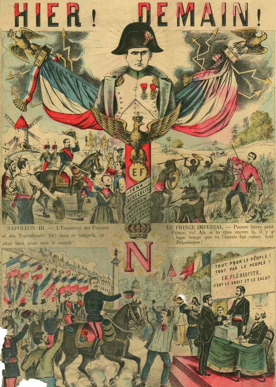 Victor Napoleão (1862-1926) à frente dos apoiantes bonapartistas, o último herdeiro de Napoleão I teve de se exilar na sequência de uma lei aprovada pela Terceira República em 1886. Gravura, em "Le Figaro, suplemento", em 30/03/1889, Paris. de French School