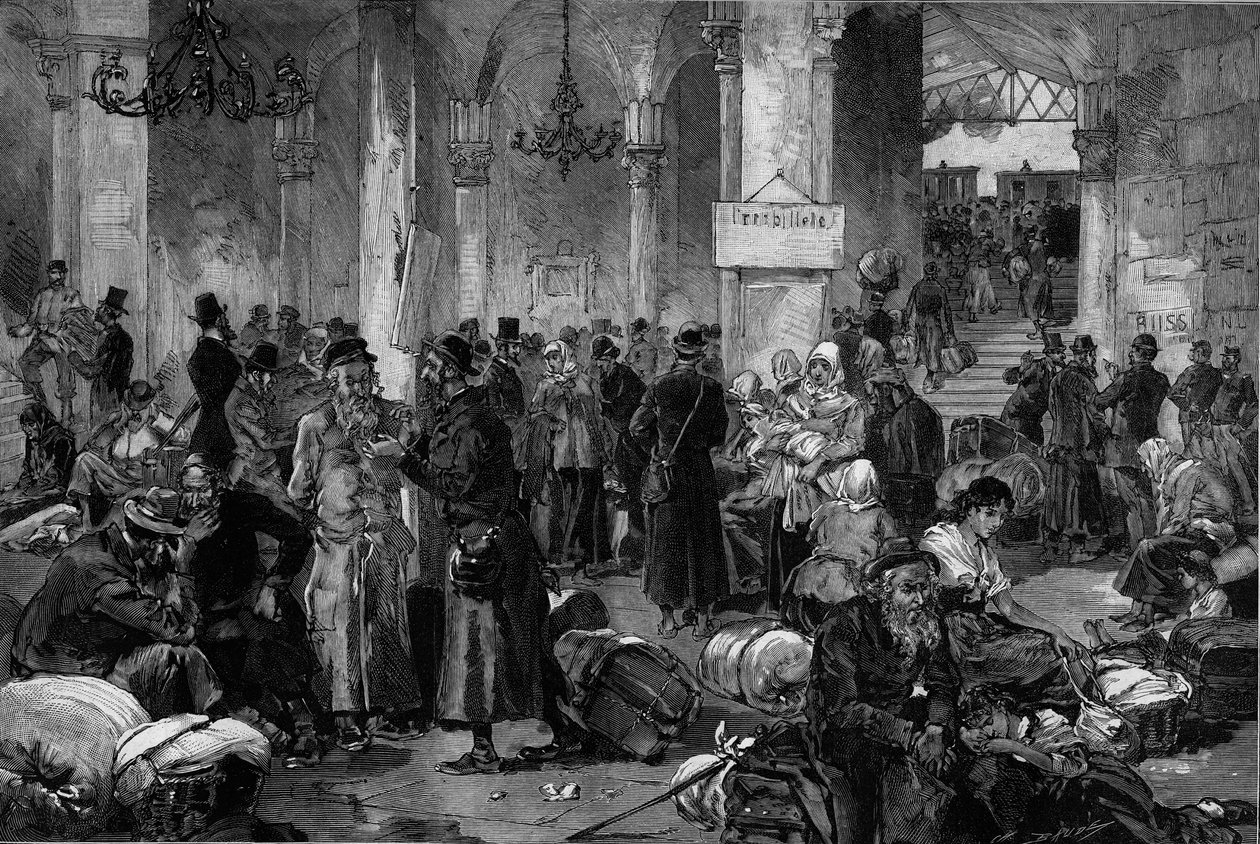 Viena 1882, o Salão das Causas Perdidas do Norte de Fahn: o repatriamento dos judeus exilados após o apaziguamento do movimento anti-semita que tinha ocorrido na Rússia, a partir do "Le Monde Illustre". de French School