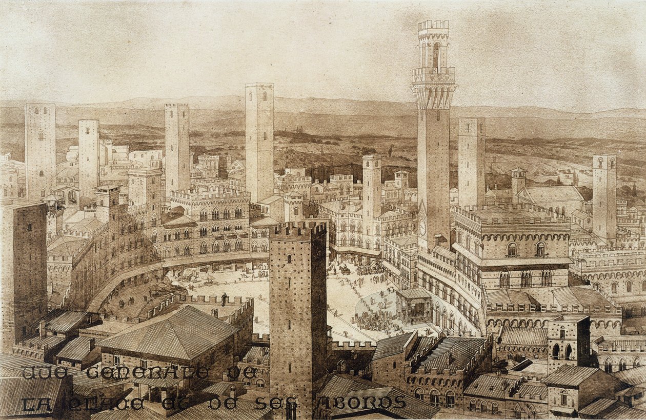 Vista através de Siena, dos fragmentos da Idade Média e da arquitetura do renascimento, gravados por Jules Adolphe Chauvet (n.1828) de French School