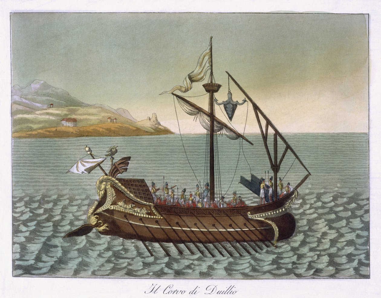 Vista de Corvus, Naval Crane, usado por G. Duillus, 1796 de French School