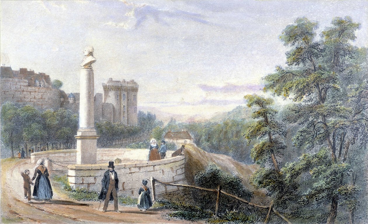 Vista do castelo de Dinan e da estátua de Duclos Pinot. Ilustração do século XIX conservada no Museu de Dinan. de French School