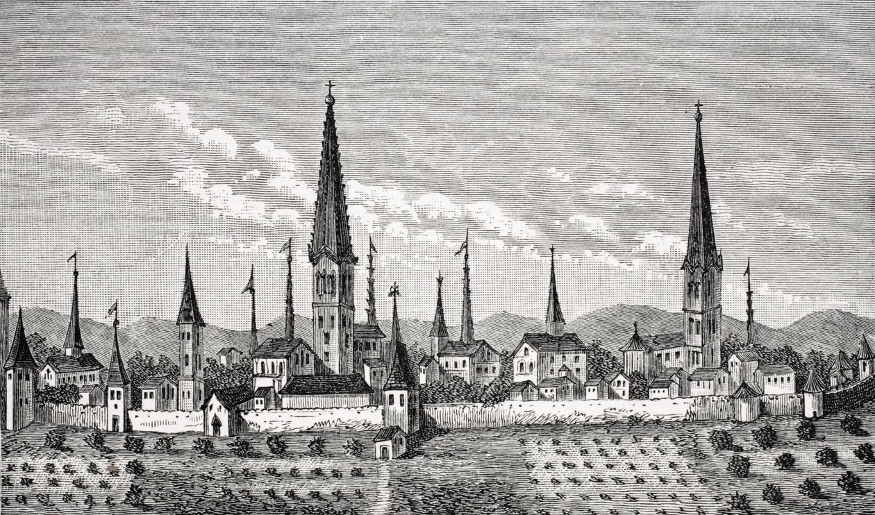 Vista de Dortmund, depois de uma gravura em cobre no "Theatrum Geographicum", de P. Bertius, de "Le Moyen Age et la Renaissance", de Paul Lacroix (1806-84), publicada em 1847 de French School