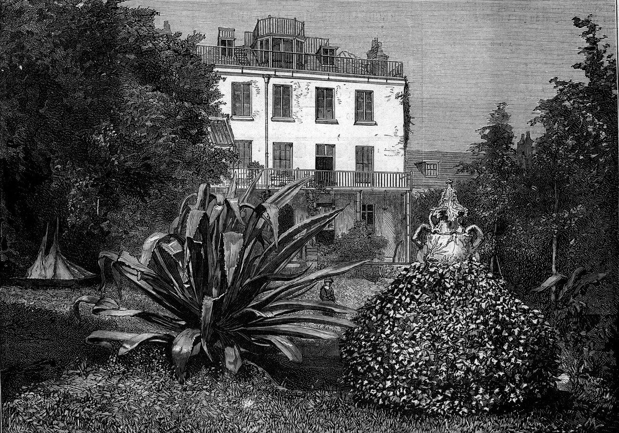 Vista da Casa Hauteville (Hauteville-House), residência de Victor Hugo durante o seu exílio na ilha de Guernsey. Gravura em "O Mundo Ilustrado" n°1249 de 5 de março de French School