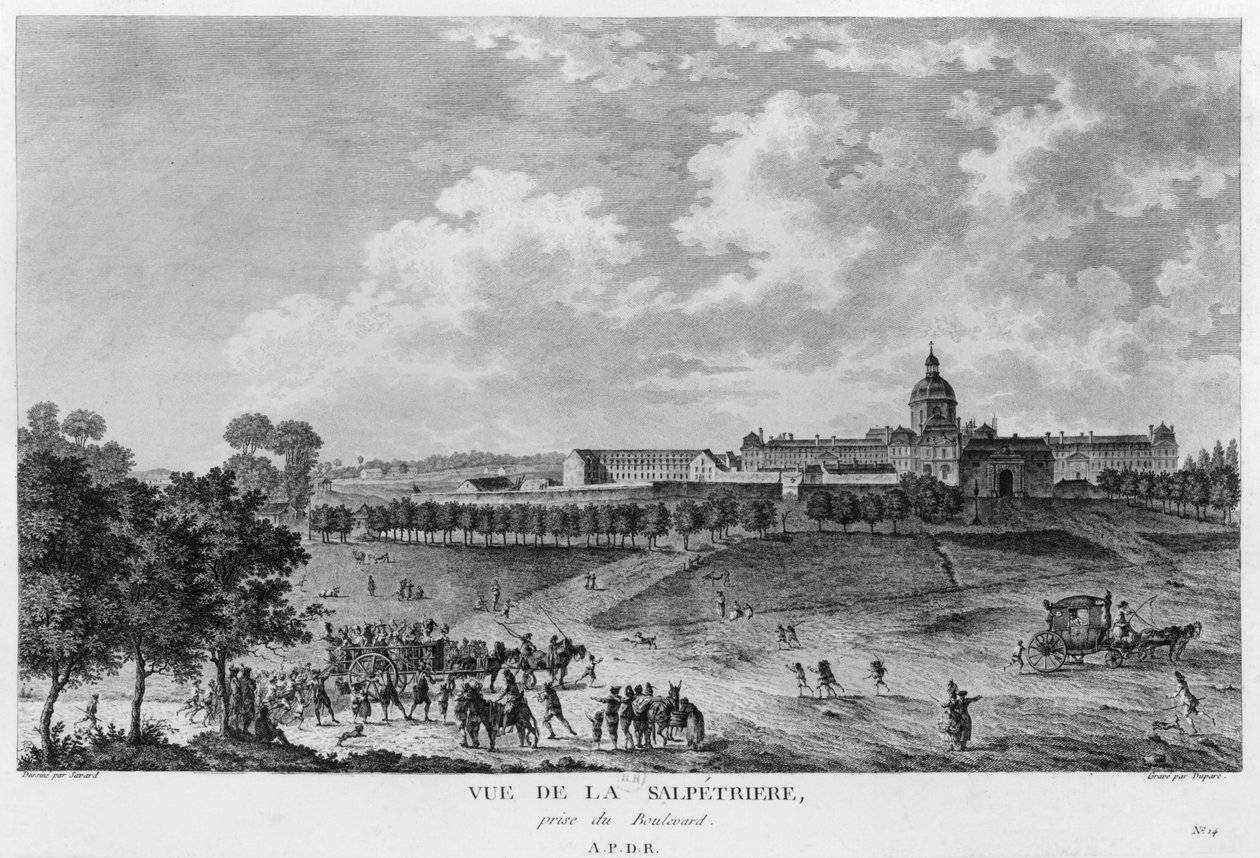 Vista, de, hopital, la, Salpetriere, transporte, de, prostitutas, paris, gravado, por, Duparc, após, um desenho, por, Savard, c.1790 de French School