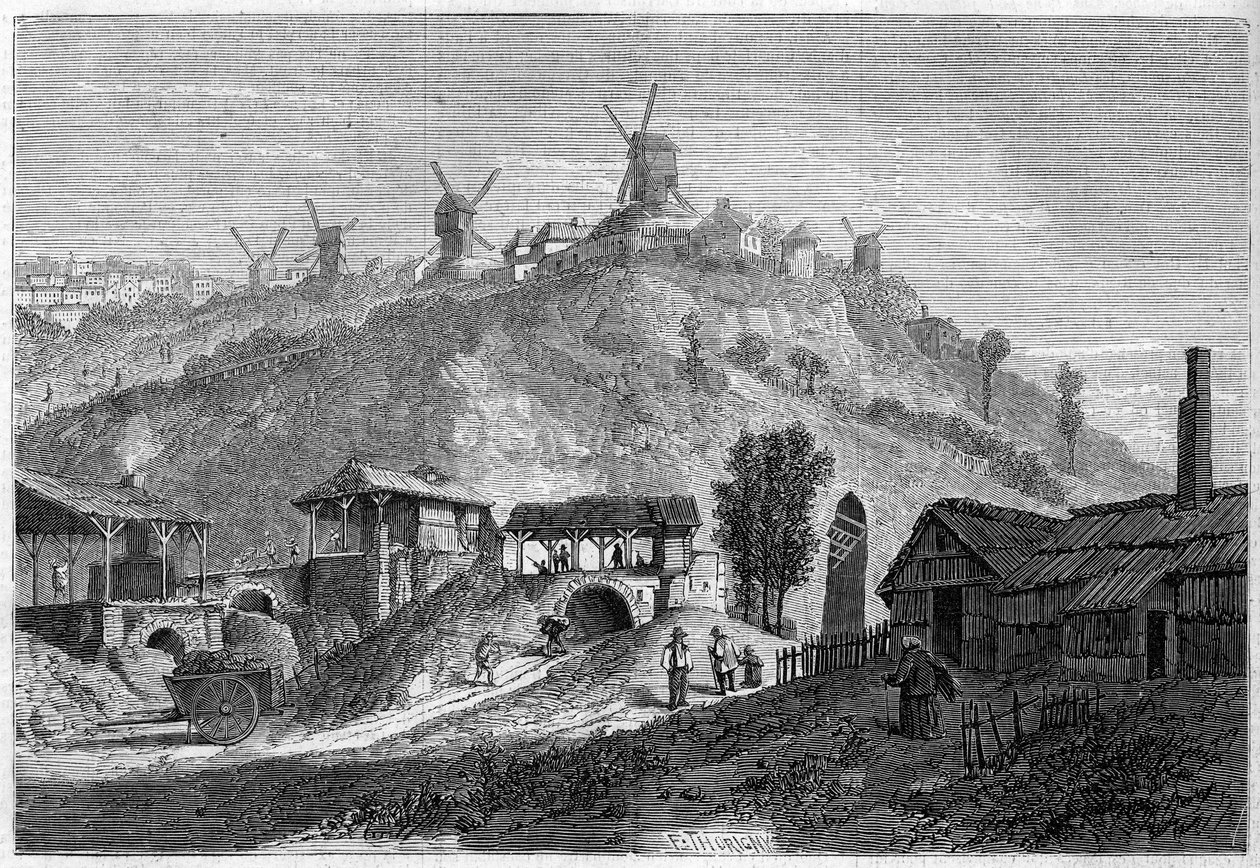 Vista de Montmartre em 1859, antes de se juntar à cidade de Paris em 1860. Vista tirada da planície de Saint Denis. Gravura em "Le Monde Illustré" n°141 de 24 de Dezembro de 1859. de French School