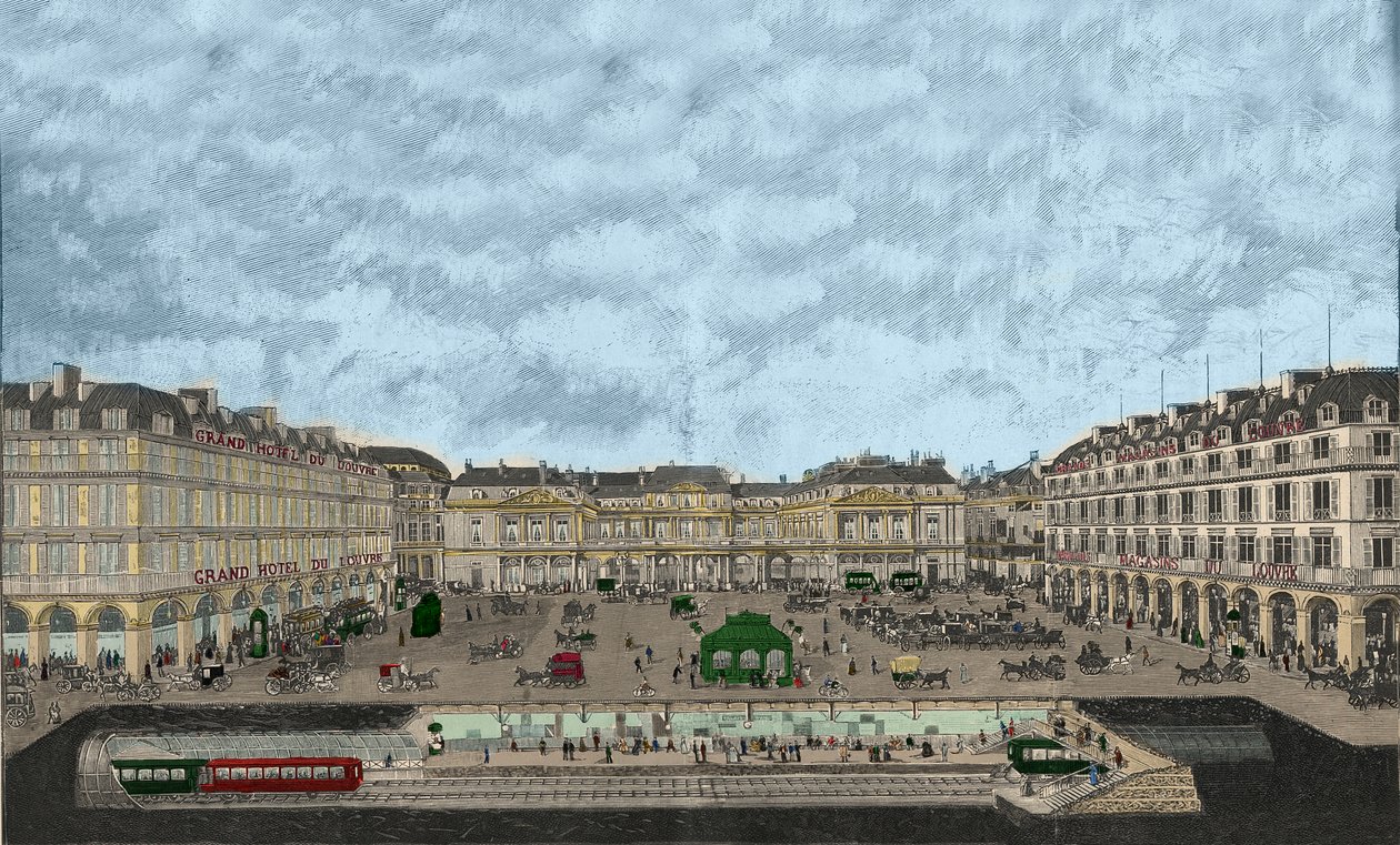 Vista do Palais-Royal e da Rue de Rivoli com uma secção transversal da estação ferroviária metropolitana de 1898 (gravura colorida) de French School