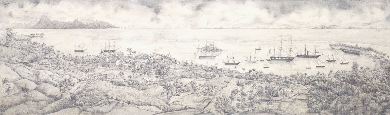 Vista de Papeete, Taiti, com vista para o porto em direção a Moorea, meados do século 19 de French School