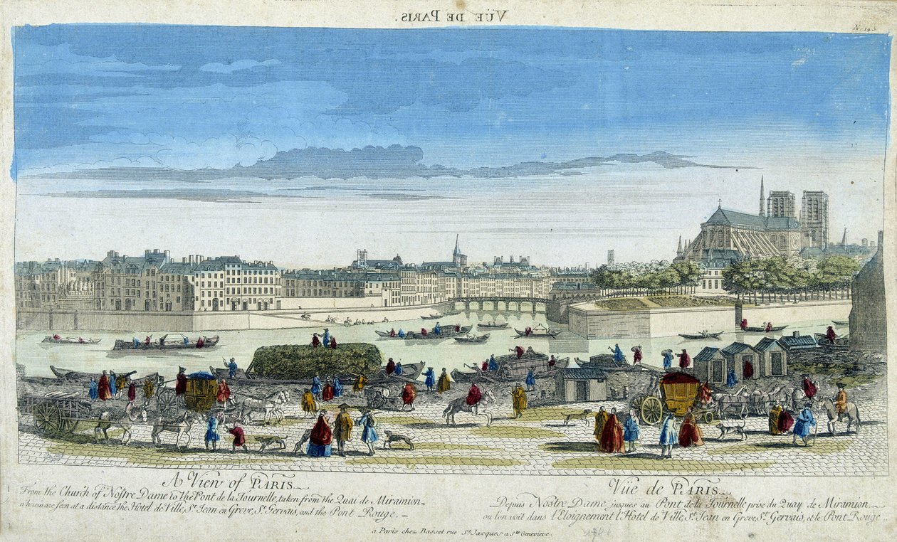 Vista de Paris e Notre-Dame (Notre-Dame), tomando as docas da Ile St Louis - gravura de French School
