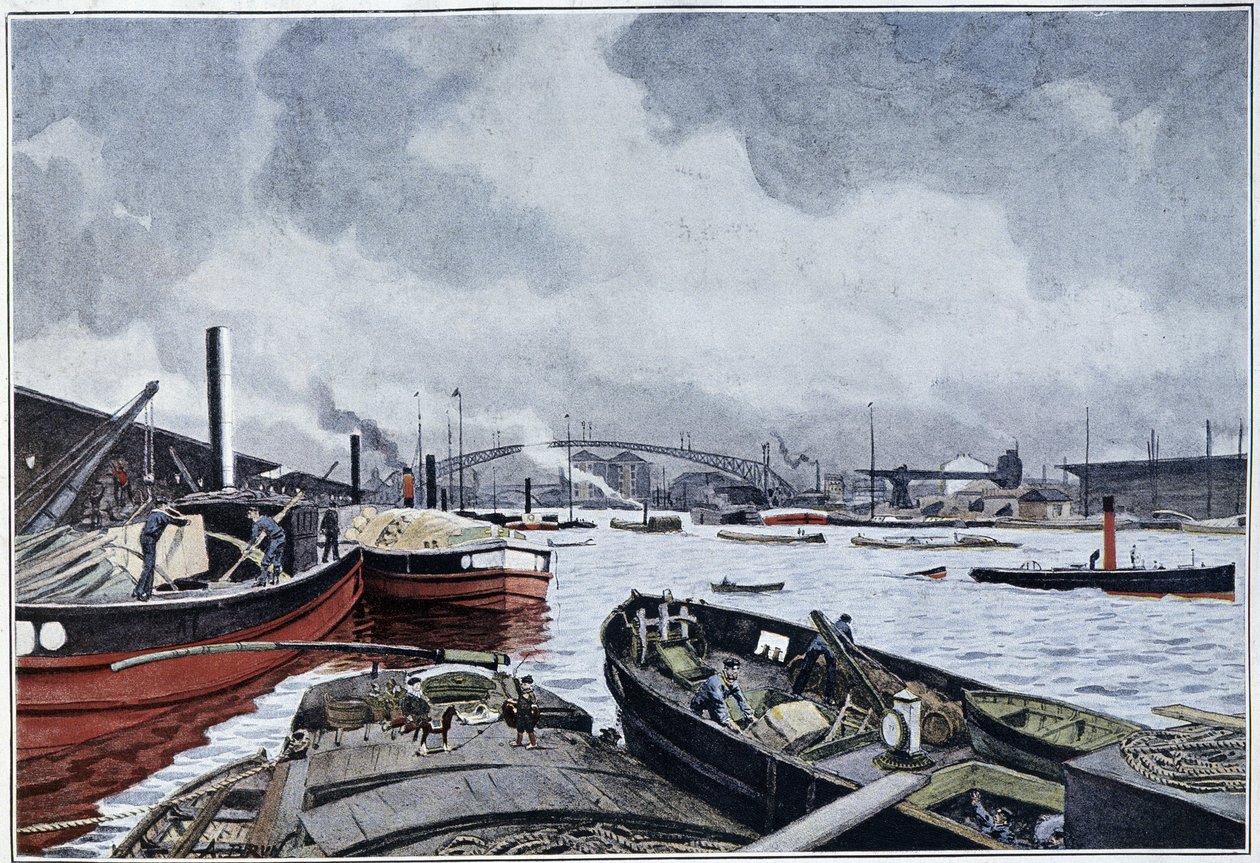 Vista de Paris, do Sena e da Bacia do Villette, aguarela de Brun. 1889. de French School
