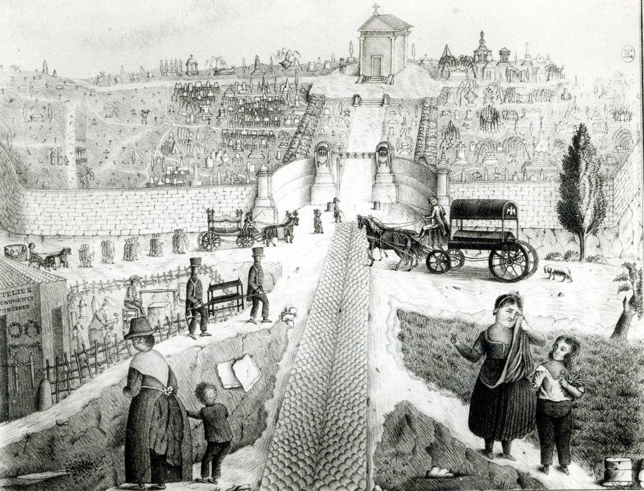 Vista do cemitério de Pere-Lachaise, início do século XIX de French School