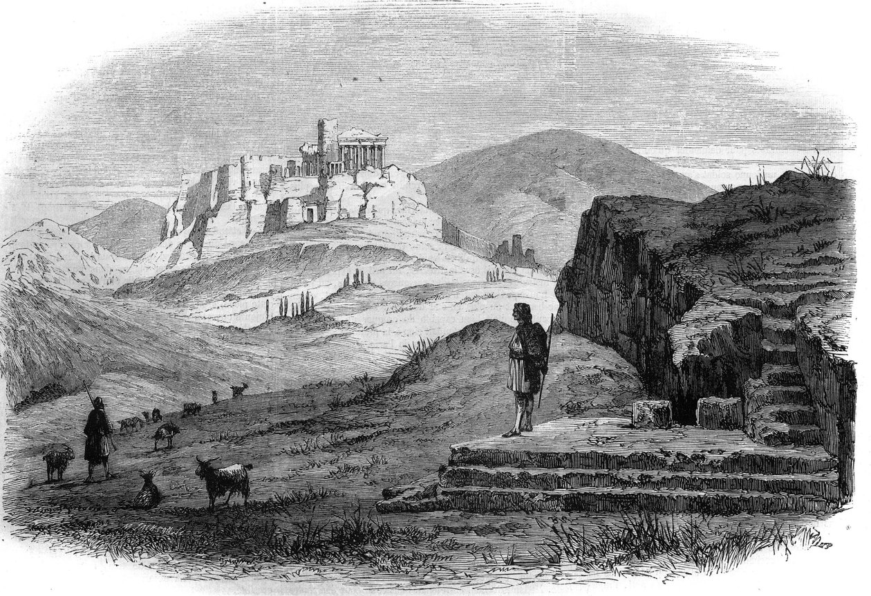 Vista de Pnyx, colina de Athenes a oeste da Acrópole, com vista para a antiga Ágora. Gravura depois de um desenho de M.F. Sargeais em "The Illustrous Universe". de French School