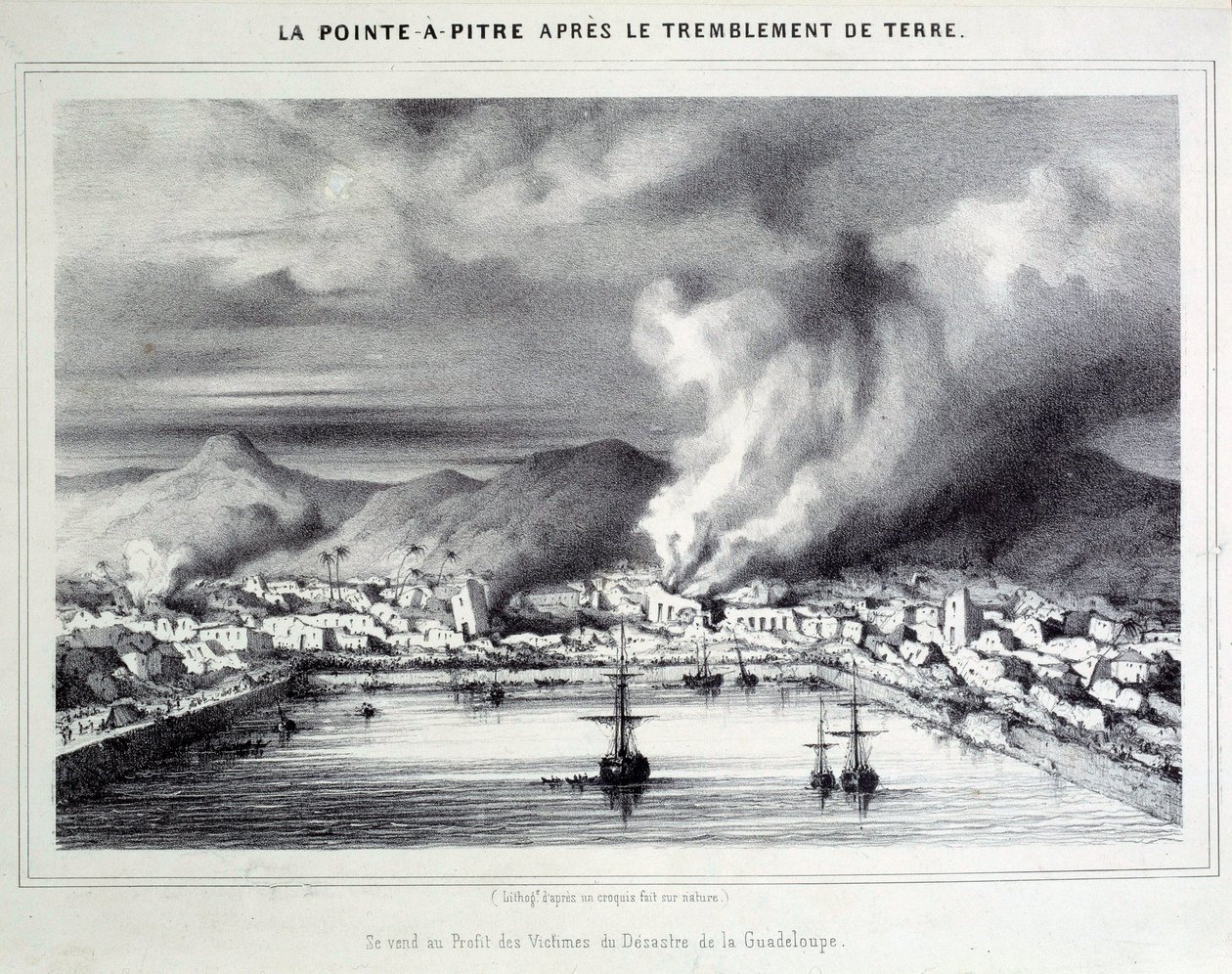 Vista de Pointe a Pitre (Pointe-a-Pitre) após o terremoto de 8/02/1843. Gravura dos Chartres do século XIX, Musee des Beaux Arts de French School