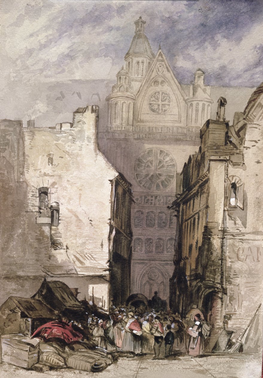 Vista de Santo Eustáquio e Les Halles, c.1820-30 de French School