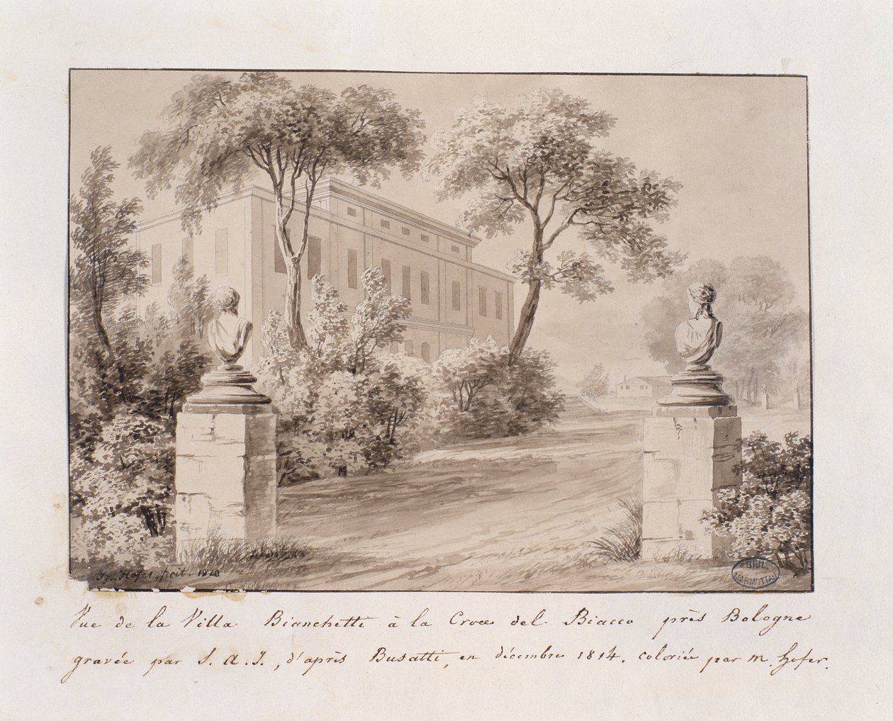 Vista da Villa Bianchetti em Croce del Biacco perto de Bolonha, gravada por S.A.I. depois de Busatti, colorida por M. Hofer, dezembro de 1814 (gravura em cores) de French School
