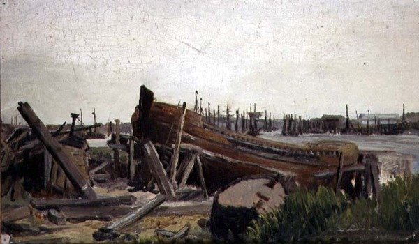 Vista de um estaleiro naval, c.1860 (óleo sobre tela) de French School