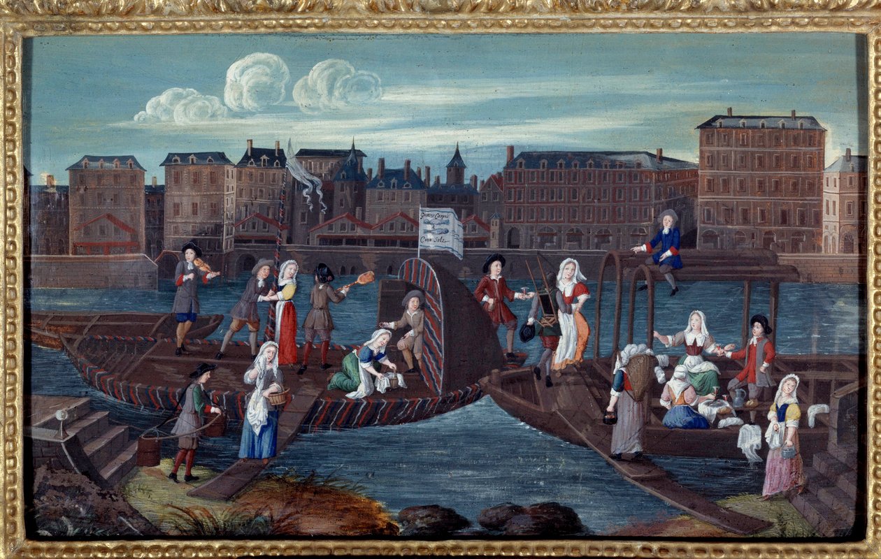 Vista de um barco de pesca e de barcos de cal no Quai de la Megisserie em Paris Pintura anónima da escola francesa. 1670. Paris, Musee Carnavalet de French School