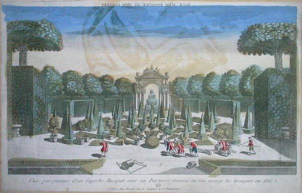 Vista de um bosque e de um parterre onde as laranjeiras são levadas no verão, meados do século XVIII (gravura a cores) de French School
