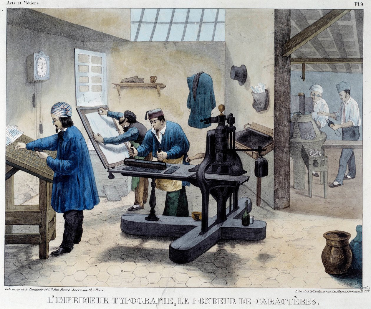 Vista de uma oficina de impressão: o tipógrafo e o autor da personagem. Litografia de Bineteau de French School