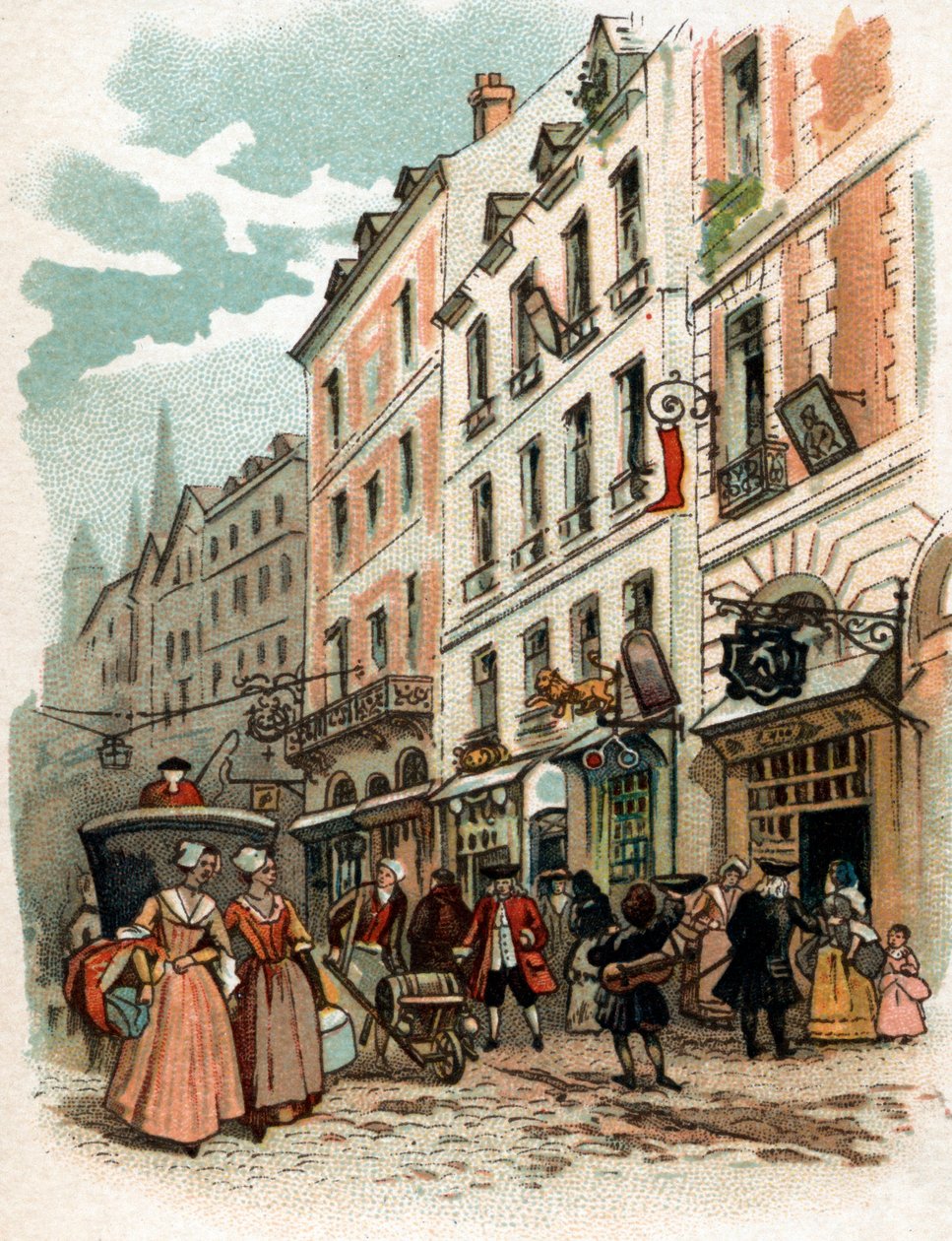 Vista de uma rua de Paris sob o reinado do Rei Luís XV, início do século XVIII Chromolithography de la fin du 19 Century Private Collection de French School