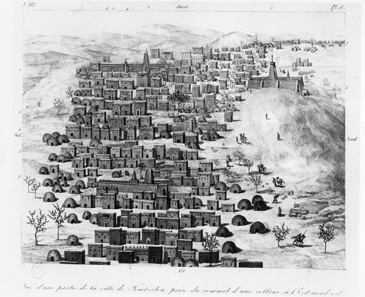 Vista de parte da cidade de Timbuktoo tirada de uma colina a leste, de Voyage a Tombouctou de Rene Caillie, publicada em 1830 de French School