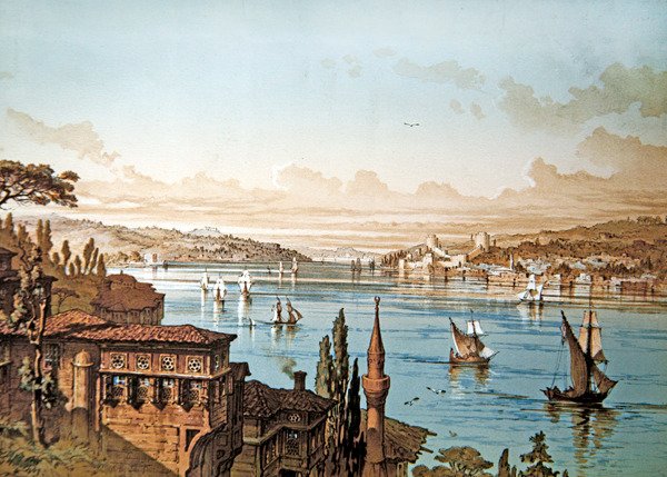 Vista da navegação no Bósforo e no castelo de Rumeli Hisari com Istambul à distância (cor litho) de French School
