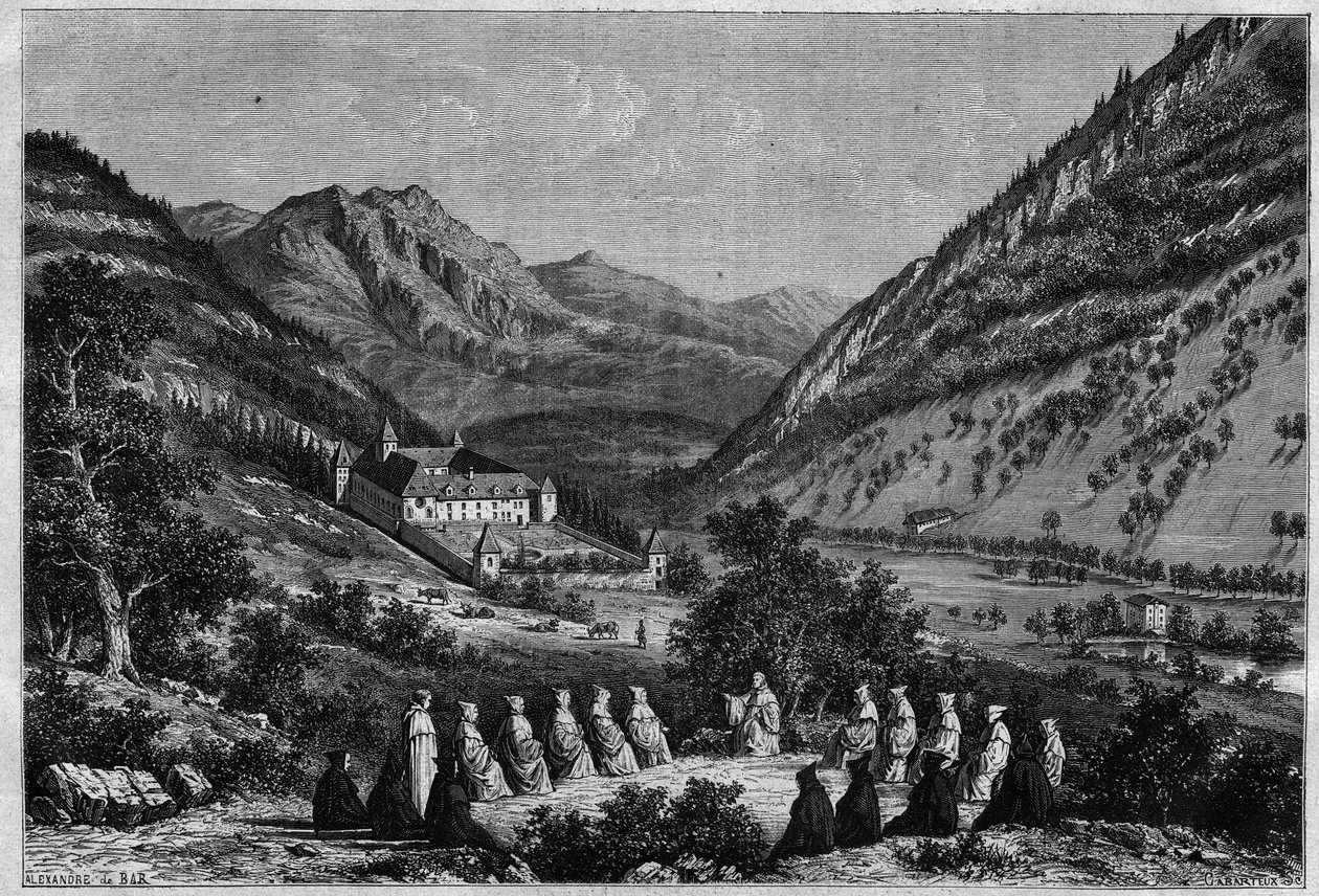 Vista da Abadia de Tamie em Savoy (Comunidade Cisterciense). de French School