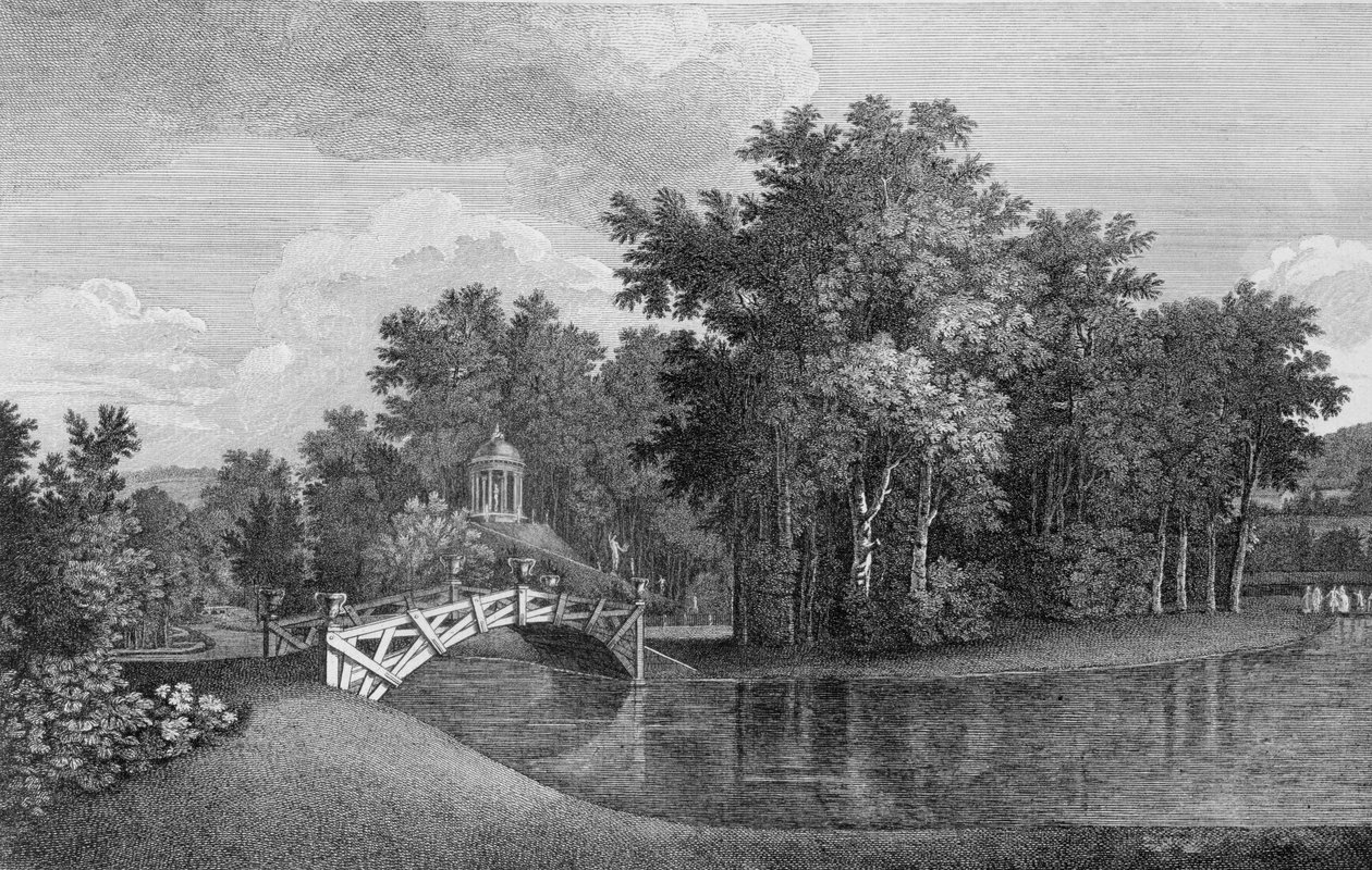 Vista da Ponte e do Templo de Vênus nos Jardins de West Wycombe, dos Jardins Anglo-Chinois à la Mode, de George Louis le Rouge, publicada em 1770-87 de French School