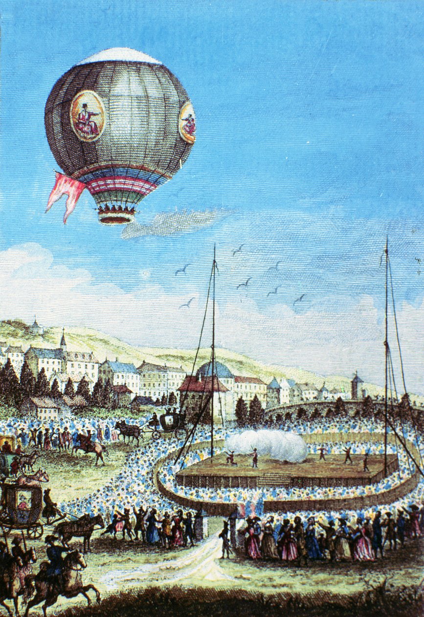 Vista do Brolteaux em Lyon e o terceiro vôo do balão de Montgolfier no dia 10 de janeiro de 1784 (gravura colorida) de French School