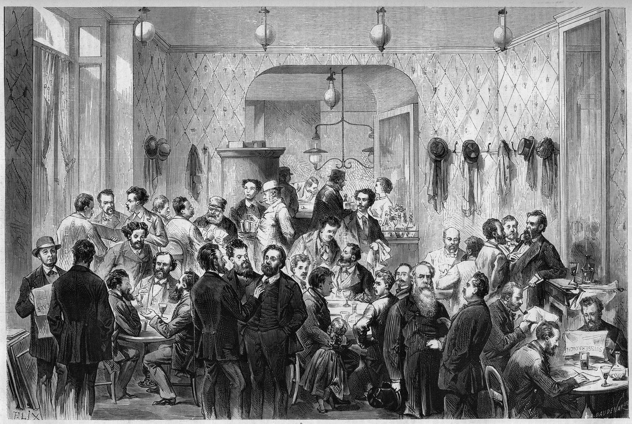 Vista do "Cafe du Levant", em Genebra, local de encontro dos refúgios da Comuna de Paris e da Comuna de Lyon. Da esquerda para a direita estão representados: Masse, Sirdey, Andignous, Jules Frantz, Jules Moutils, Gaillard (pai e filho), Perrare, J. Guesde, de French School