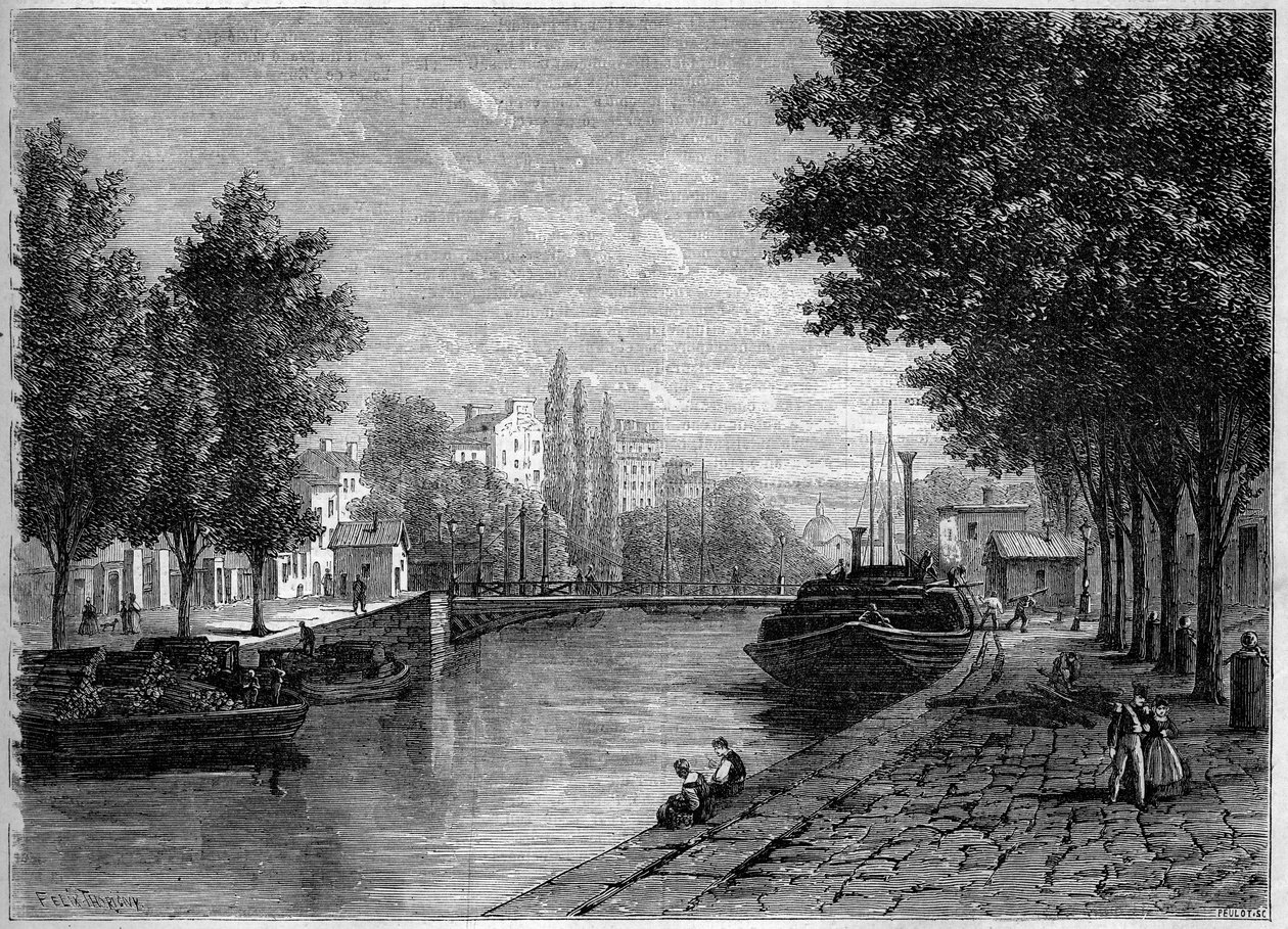 Vista do Canal Saint Martin, em Paris, antes das transformações realizadas por Haussmann em meados do século XIX. Vista no auge da rue Saint Sebastien. Gravura no "Le Monde Illustré" n°233 de 28 de setembro de French School