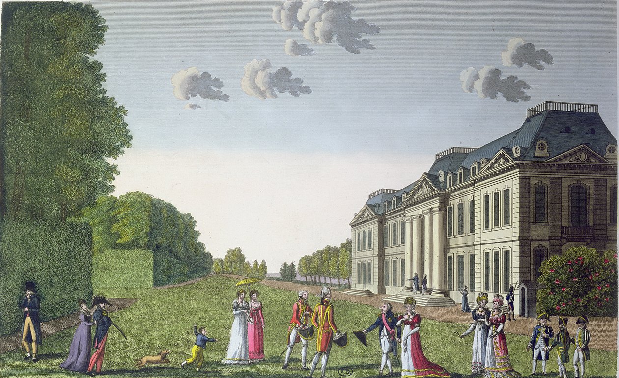 Vista do Castelo de Bellevue do jardim, c.1820 (gravura a cores) de French School