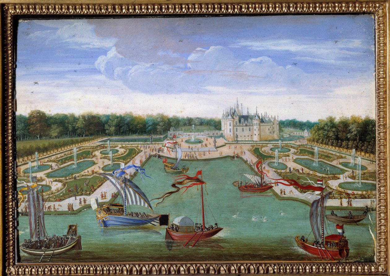Vista do Chateau de Chantilly e das camas retiradas da pintura Vertugadin Anonymous da Ecole francaise. Por volta de 1680. Dim. 0,26x0,34 m. Chantilly, musee Conde - Vista do Castelo de Chantilly e dos parterres de Vertugadin. Pintura anónima de French School