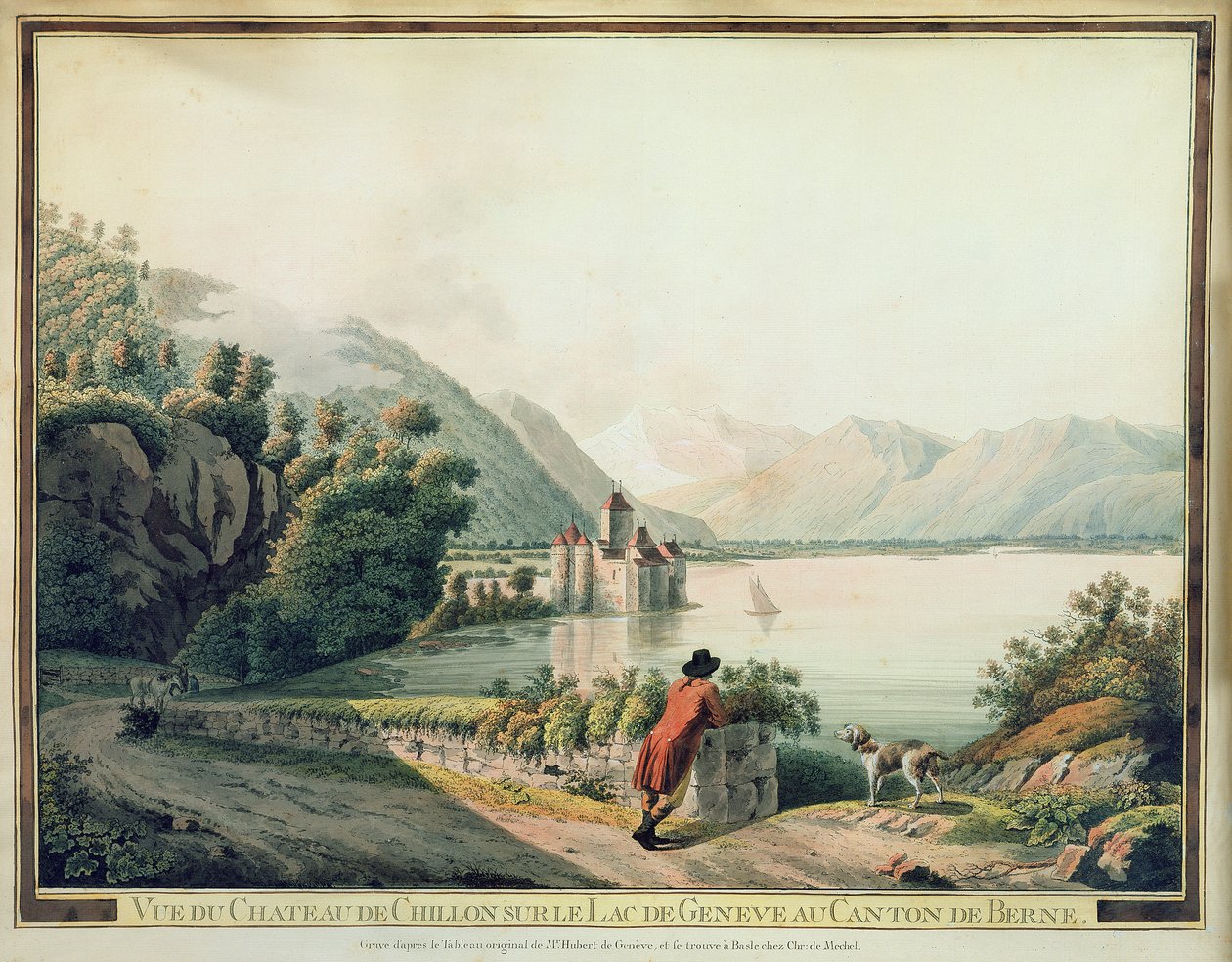 Vista do Chateau de Chillon, Lago de Genebra (gravura colorida) de French School