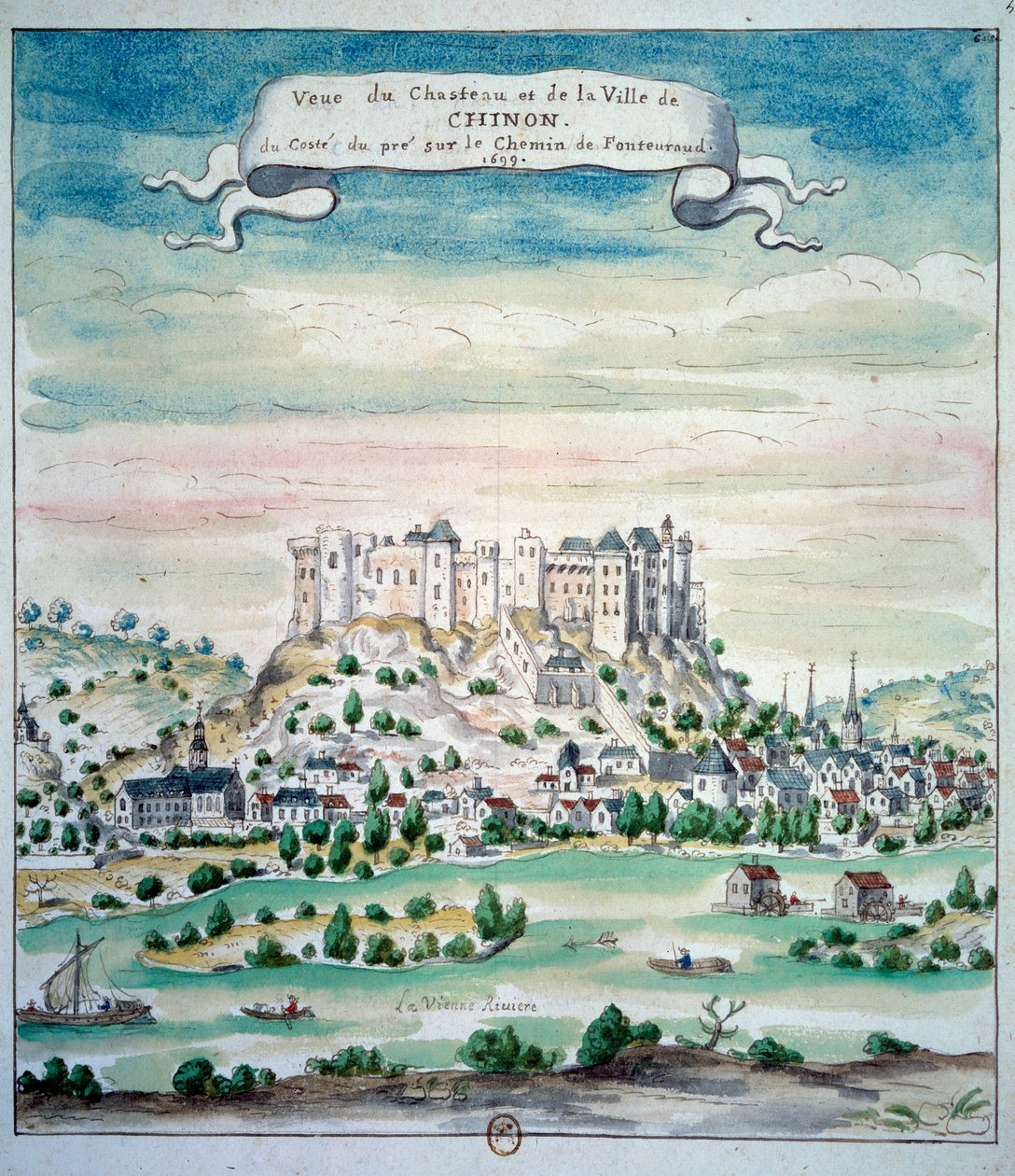 Vista do Chateau de Chinon Watercolour da escola francesa. 1699 Paris, B.N. de French School