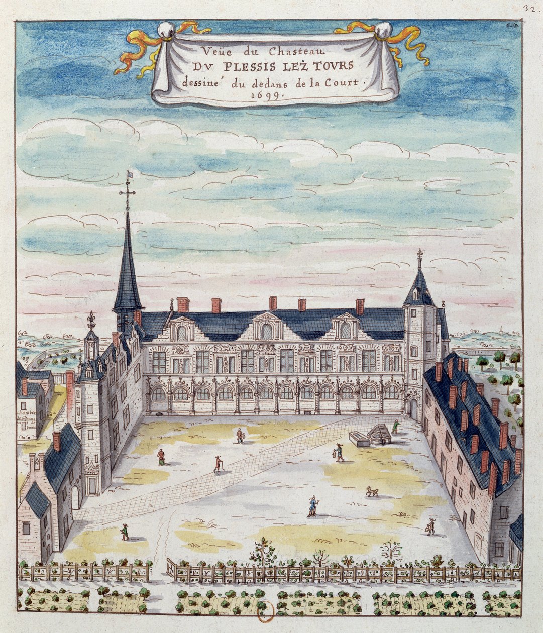 Vista do Castelo de Plessis-les-Tours na Tourraine, 1699 (caneta e tinta e wc no papel) (ver também 173766) de French School