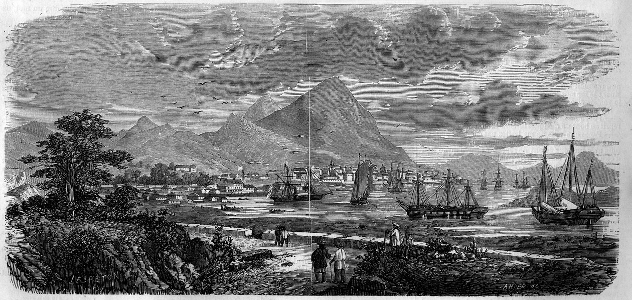 Vista da cidade de Hong Kong (Hong Kong) (Canton Bay Island) em 1857. Gravura em "Le Monde Illustré" n°29 de 31 de Outubro de 1857. de French School