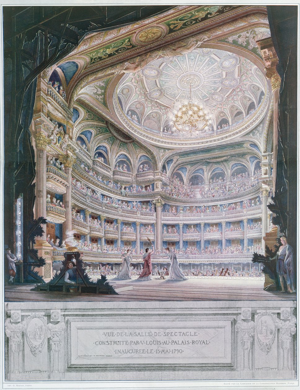 Vista do Teatro Comédie Française em 1790, após um original de Gaudet e Prudent (gravura a cores) de French School