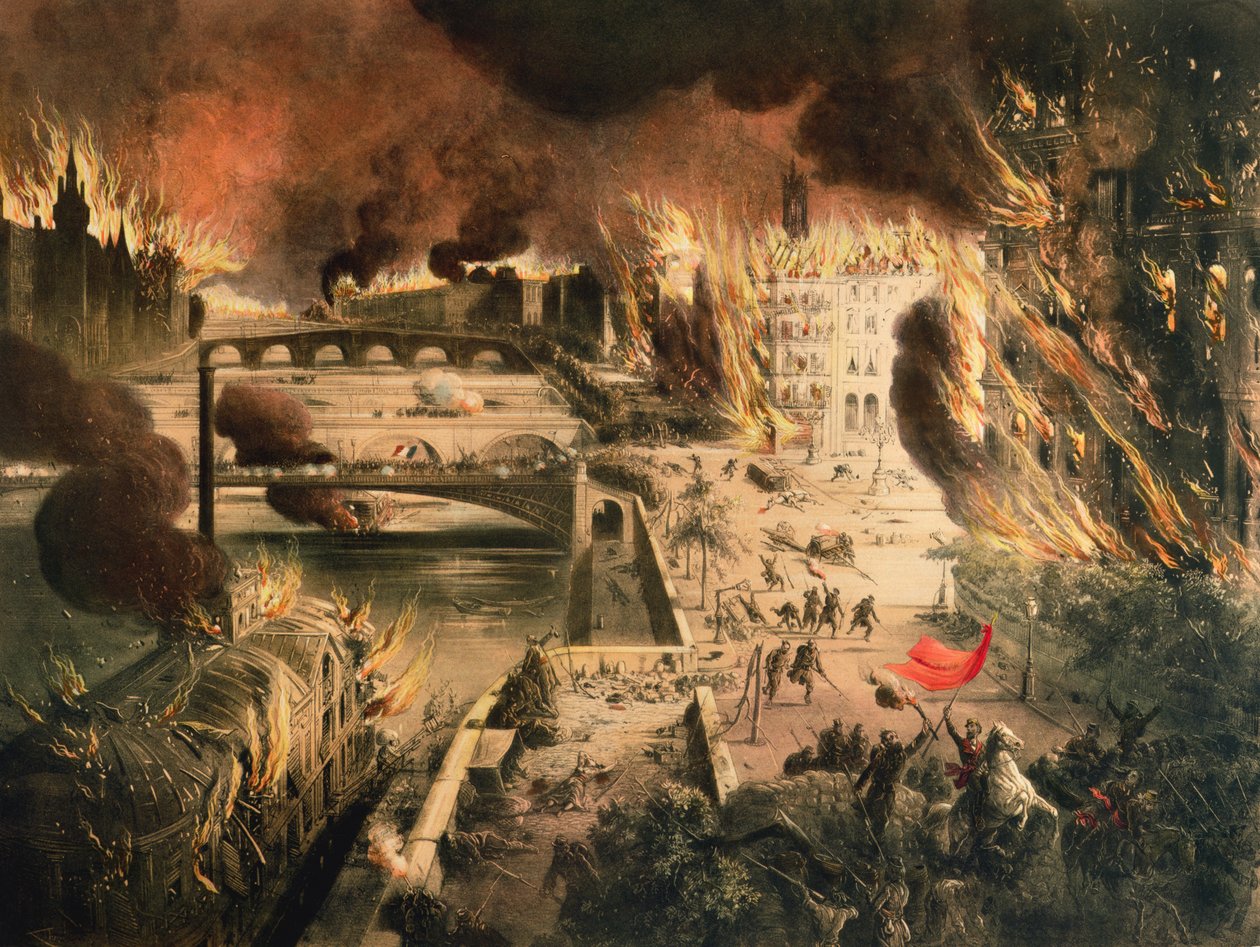 Vista dos fogos em Paris durante a Comuna nos dias 24 e 25 de maio de 1871 de French School