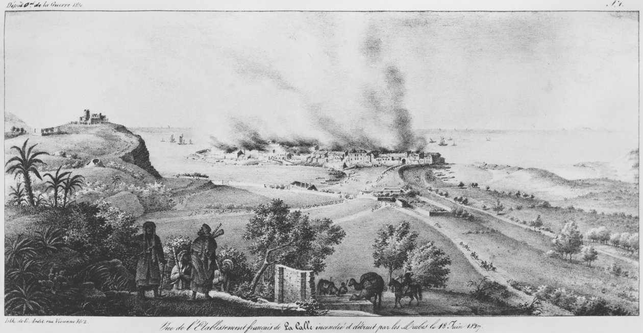 Vista do estabelecimento francês em La Calle queimada e destruída pelos árabes em 18 de junho de 1827, ilustração do Atlas de lapercu historique, estatistique et topographique sur letat dAlger, uma lusagem de French School