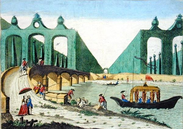 Vista dos Jardins do Lord Hamilton em direcção a uma ponte sobre o rio Tamisa perto de Londres (gravura colorida) de French School