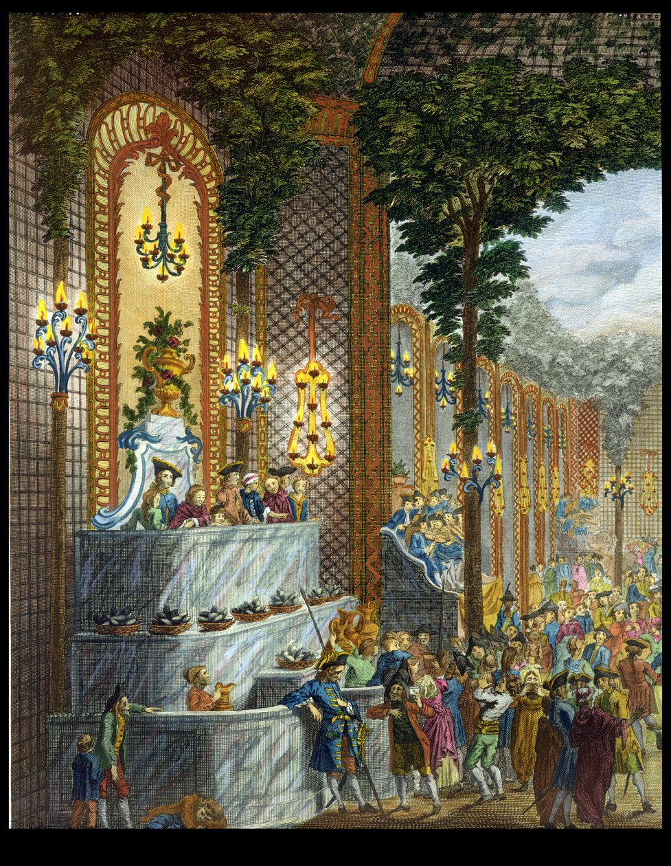 Vista do Interior em um dos quartos da Place de Louis le Grand, Vista da entrada do Salon (detalhe de 101860) (gravura a cores) de French School