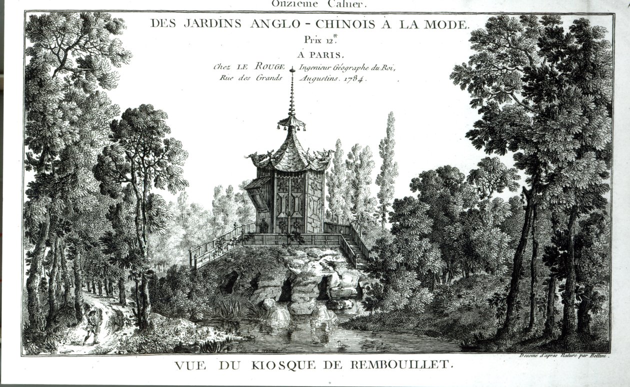 Vista do quiosque em Rembouillet, de elegantes jardins anglo-chineses de George Louis le Rouge, publicado em 1775-78 de French School