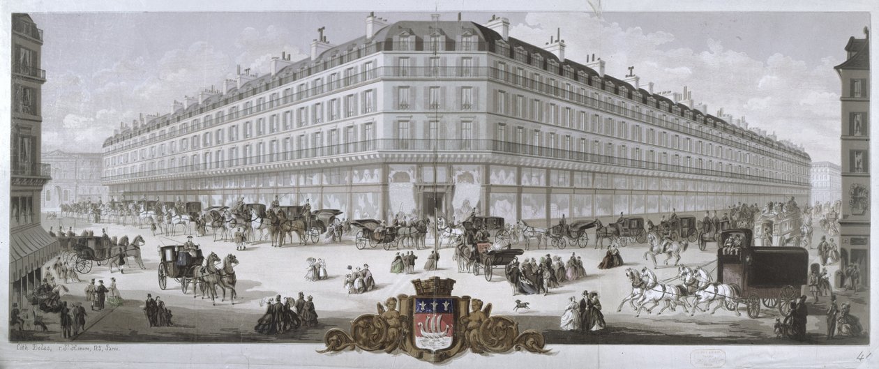 Vista das lojas de departamento do Louvre, Paris, 1866 de French School