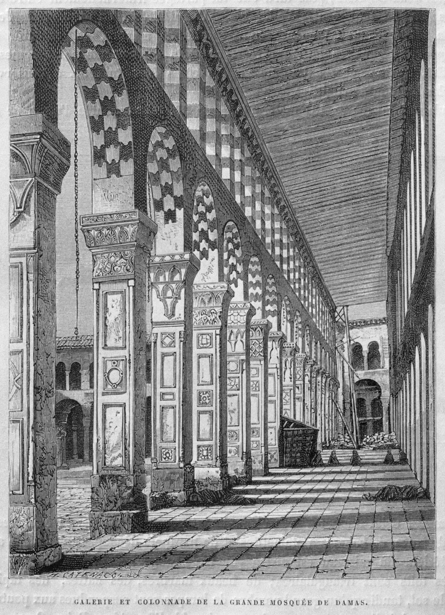Vista do pórtico norte, mesquita de Umayyad, Damasco, Síria, da Síria hoje. Viajar para a Fenícia, o Líbano e a Judéia. 1875-1880 de Louis Charles Emile Lortet, 1884 (gravura do bw) de French School