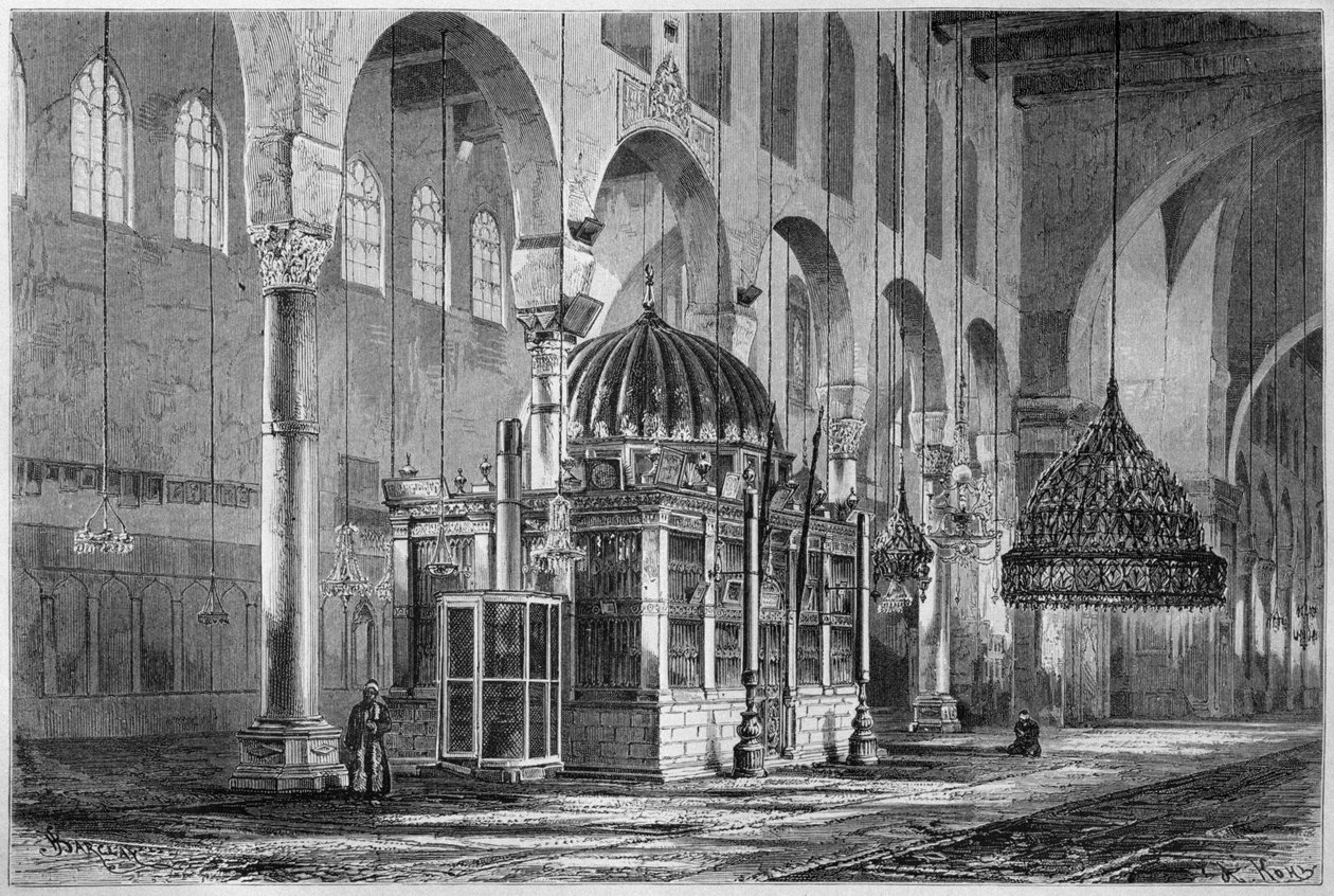 Vista do salão de oração, Mesquita dos Omíadas, Damasco, Síria, da Síria hoje. Viajar para a Fenícia, o Líbano e a Judéia. 1875-1880 de Louis Charles Emile Lortet, 1884 (gravura do bw) de French School