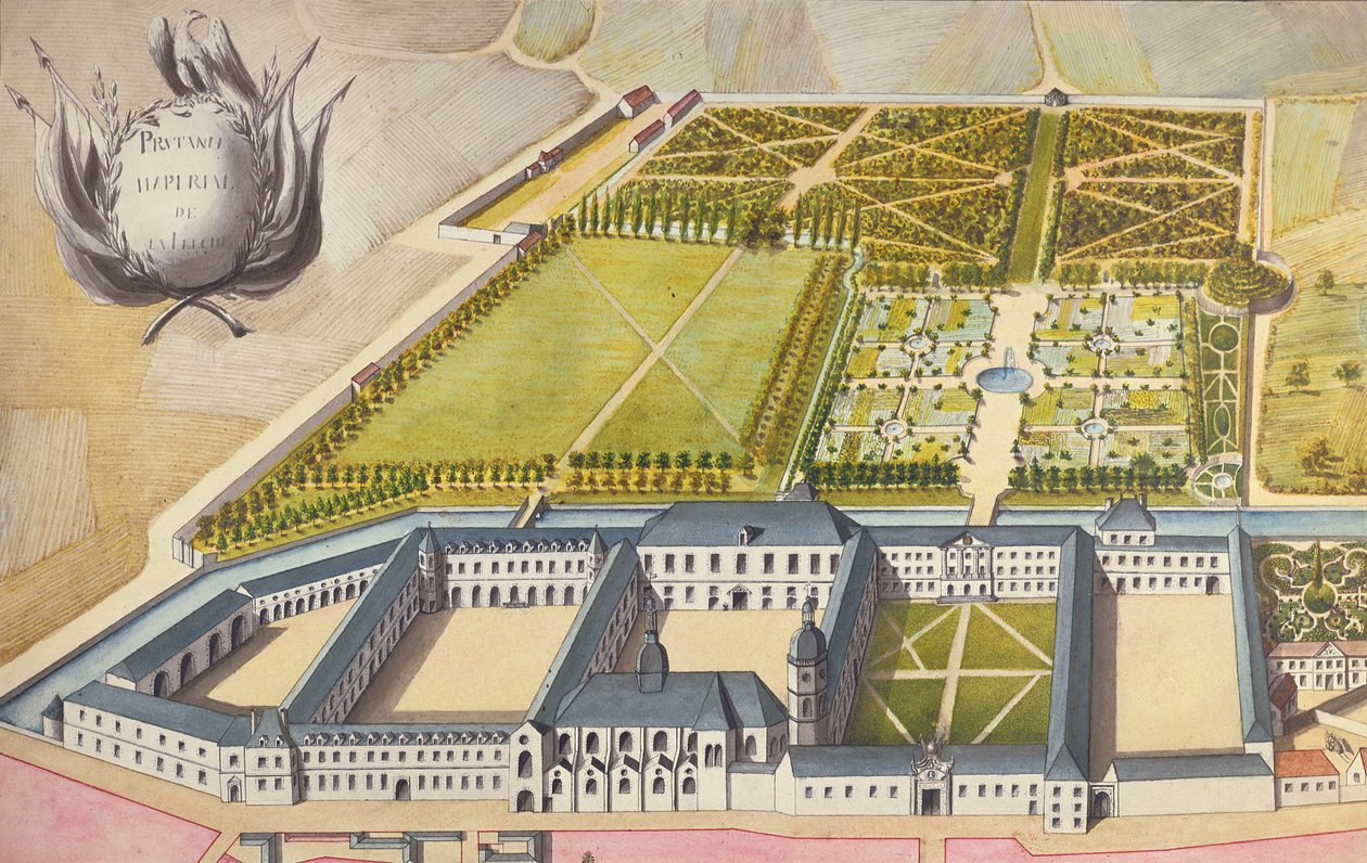 Vista do Prytanee Imperial, anteriormente o Colégio dos Jesuítas em La Fleche, c.1810 (wc) de French School