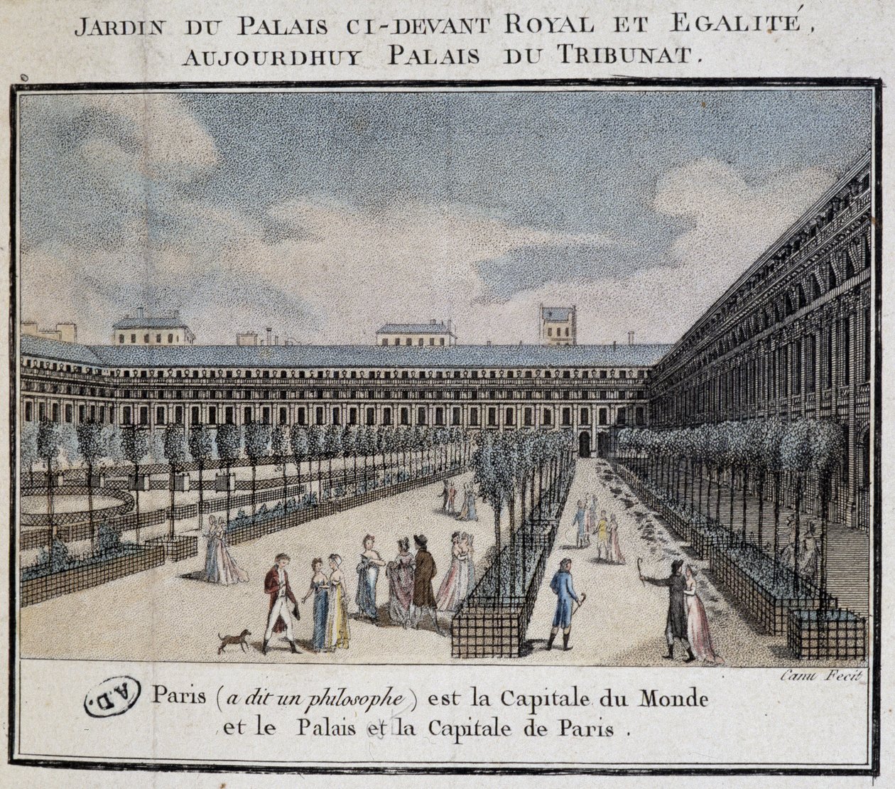 Vista do Palácio Real (Palais du Tribunat) com jardim e caminhantes de French School