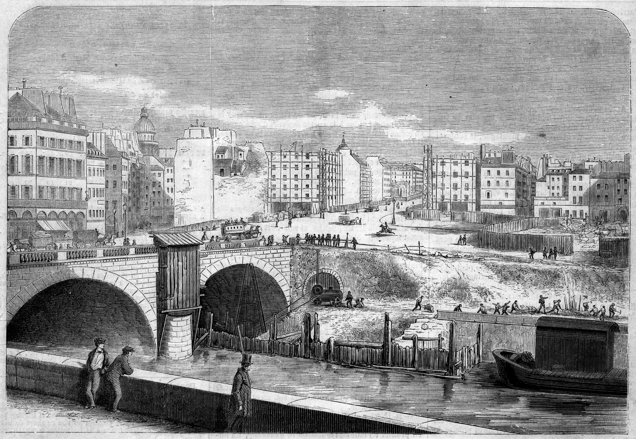 Vista da Ponte Saint Michel (Saint-Michel), construída em 1857, e da Praça Saint Michel (Saint-Michel) em Paris de French School