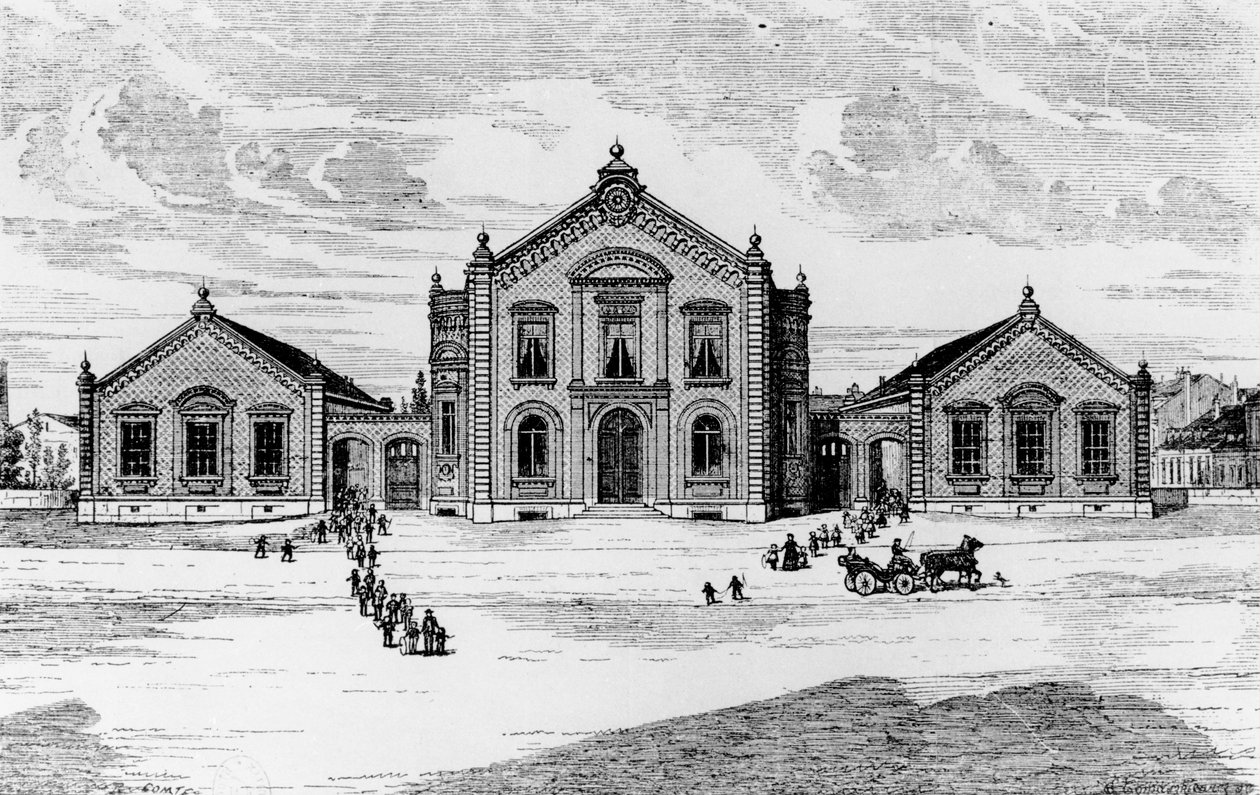 Vista das Escolas e do Teatro, Familistery of Guise, da Solutions Sociales de Jean-Baptiste Andre Godin (1817-88), Paris, 1871 de French School